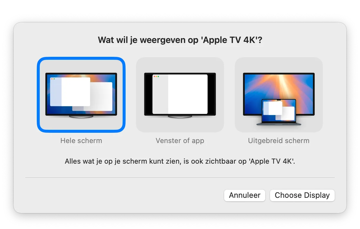 Opties kiezen voor Synchrone weergave vanaf Mac naar Apple TV